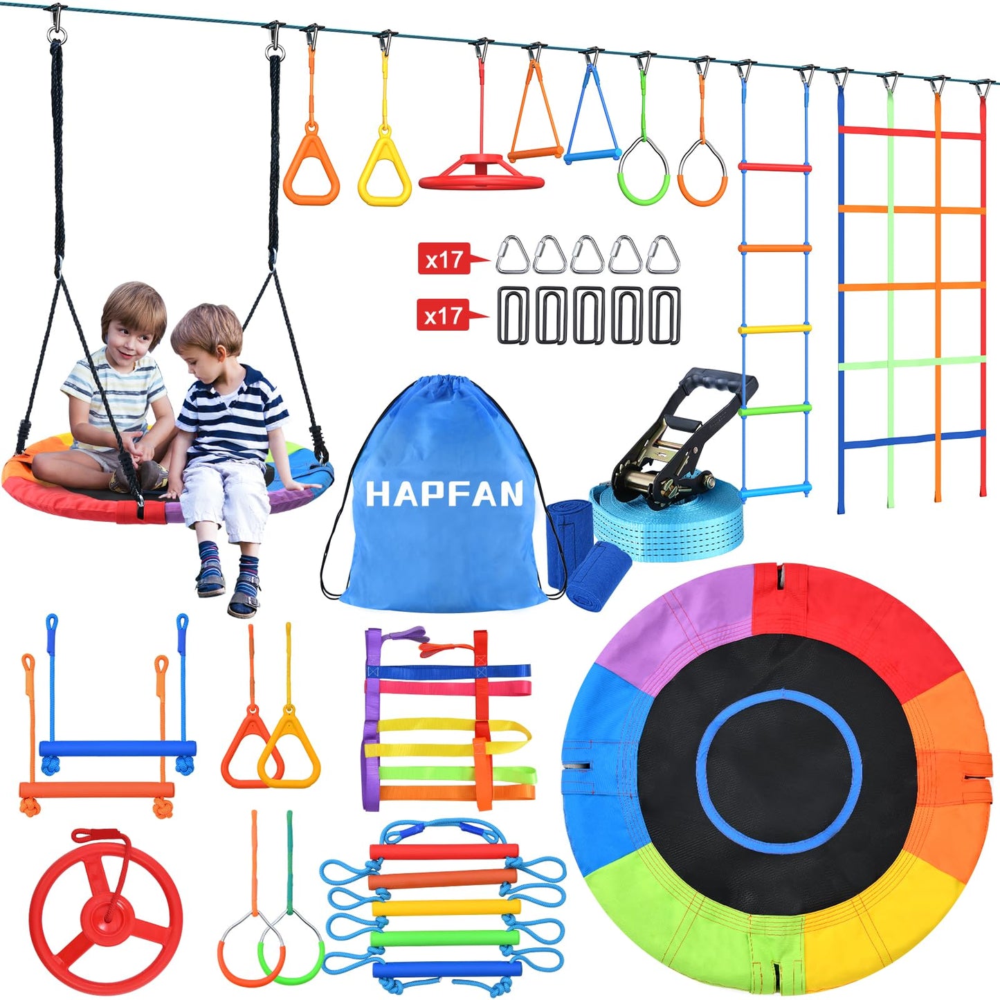 Hapfan 50 ft Ninja Warrior Obstacle Course Swing Set for Kids – Weather-Proof Backyard Outdoor Playset