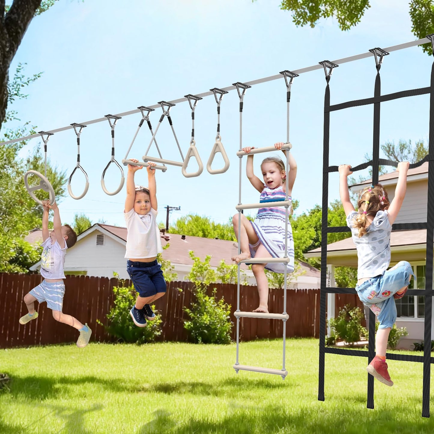 Hapfan 60 FT Ninja Warrior Obstacle Course Swing Set for Kids – Weatherproof Backyard Outdoor Playset