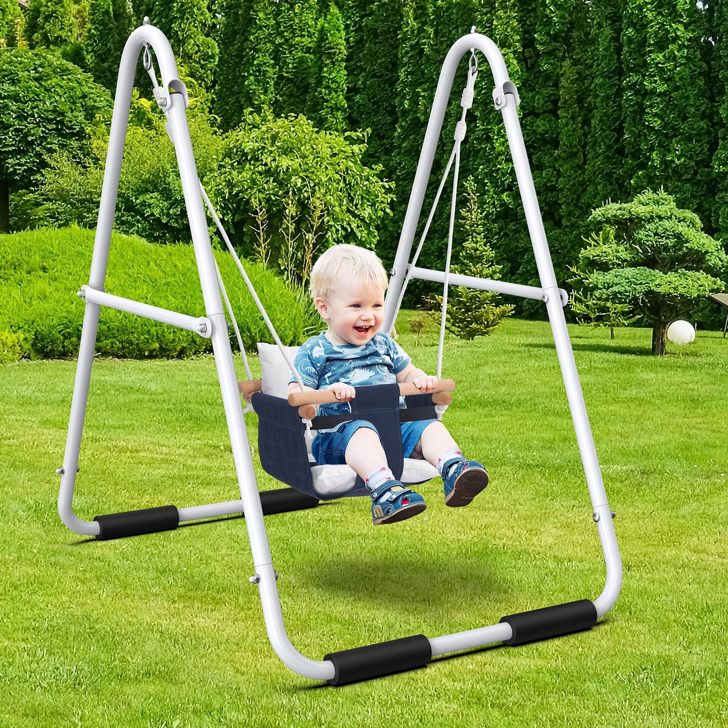 Hapfan Toddler Swing with Stand – Safe Indoor/Outdoor Swing Set, Foldable Frame, 55 lbs Capacity