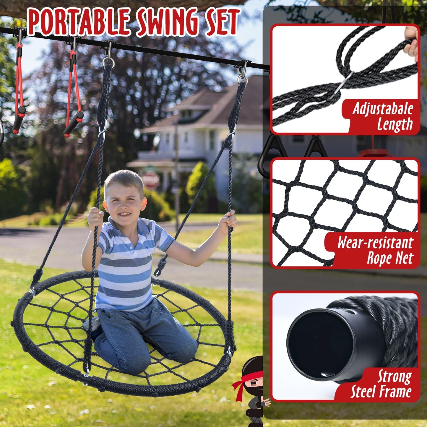 Hapfan 50 ft Ninja Warrior Obstacle Course for Kids – Portable Tree Swing & Slackline Playset