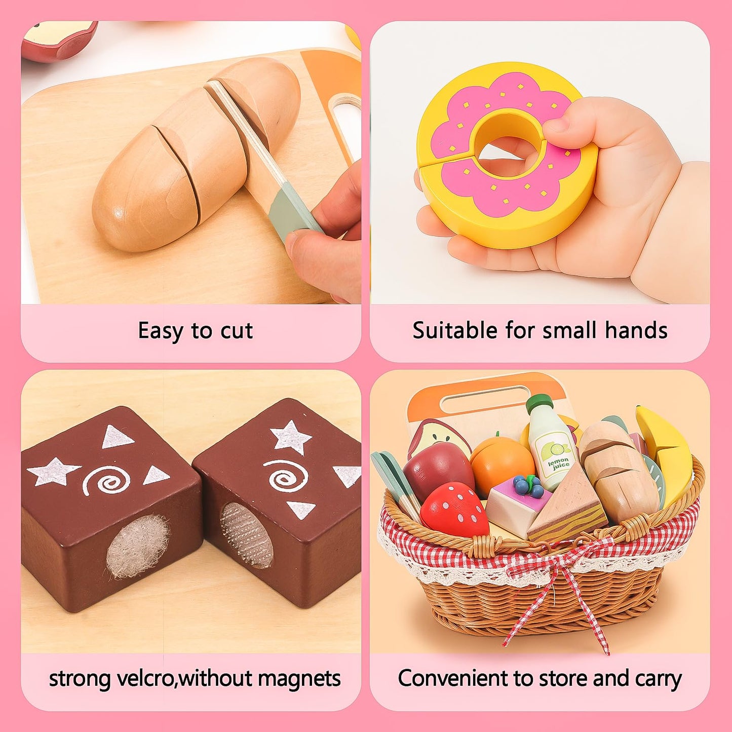 HAPGFS Wooden Picnic Basket Toy Set – Realistic Play Food for Kids 3-8
