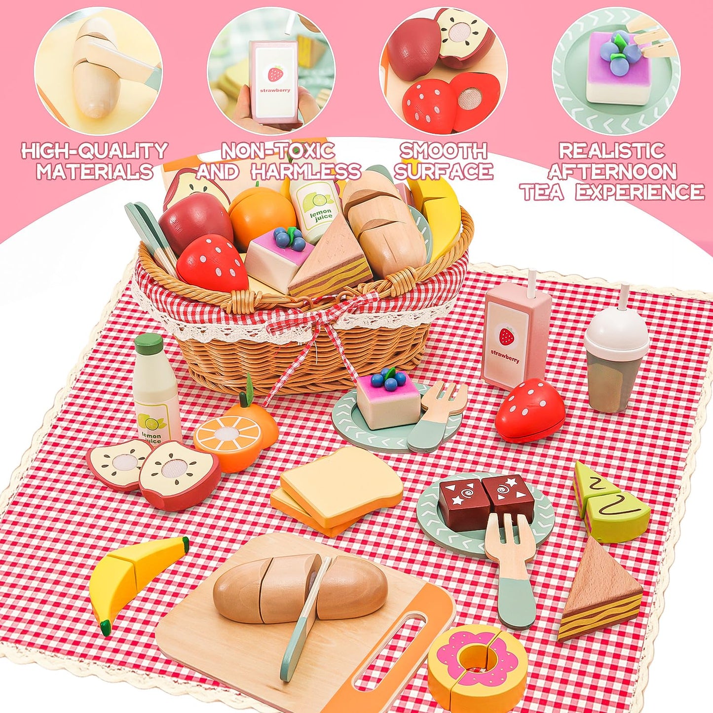 HAPGFS Wooden Picnic Basket Toy Set – Realistic Play Food for Kids 3-8