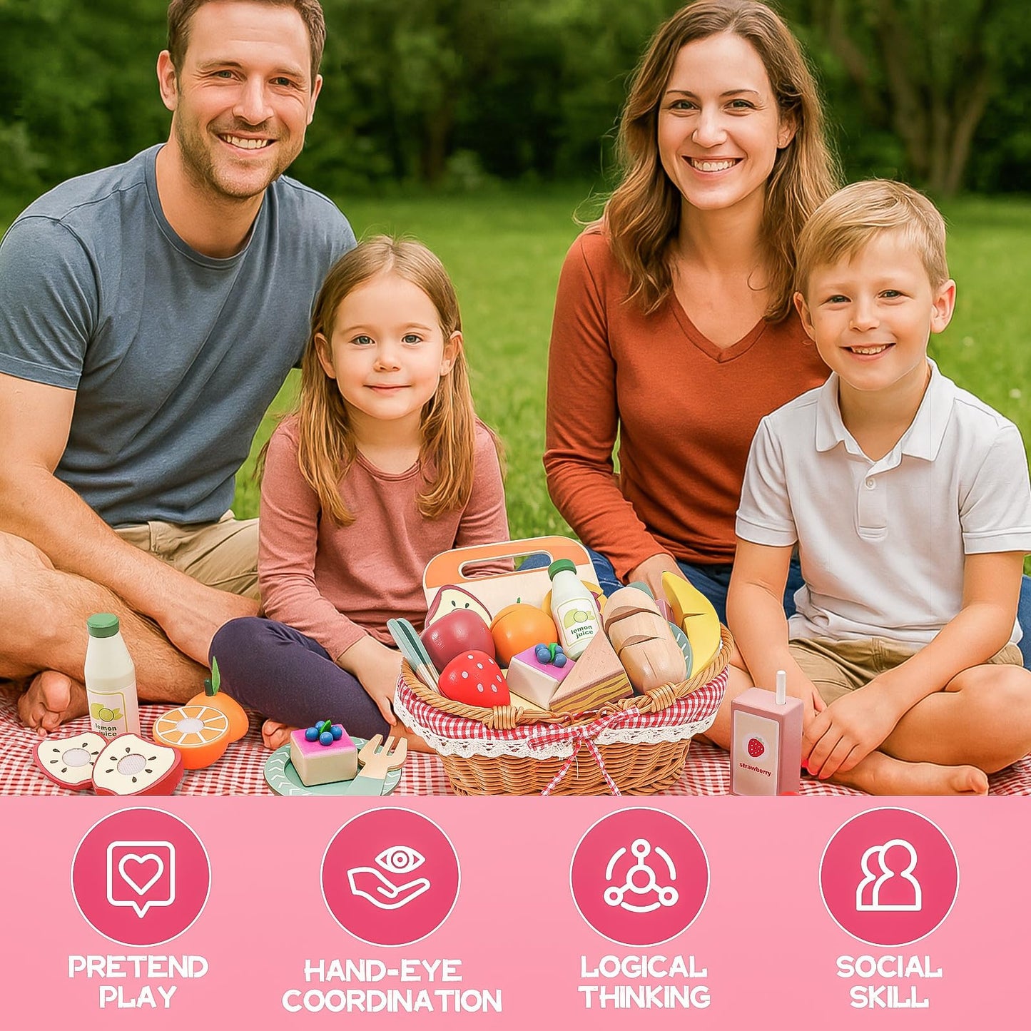 HAPGFS Wooden Picnic Basket Toy Set – Realistic Play Food for Kids 3-8