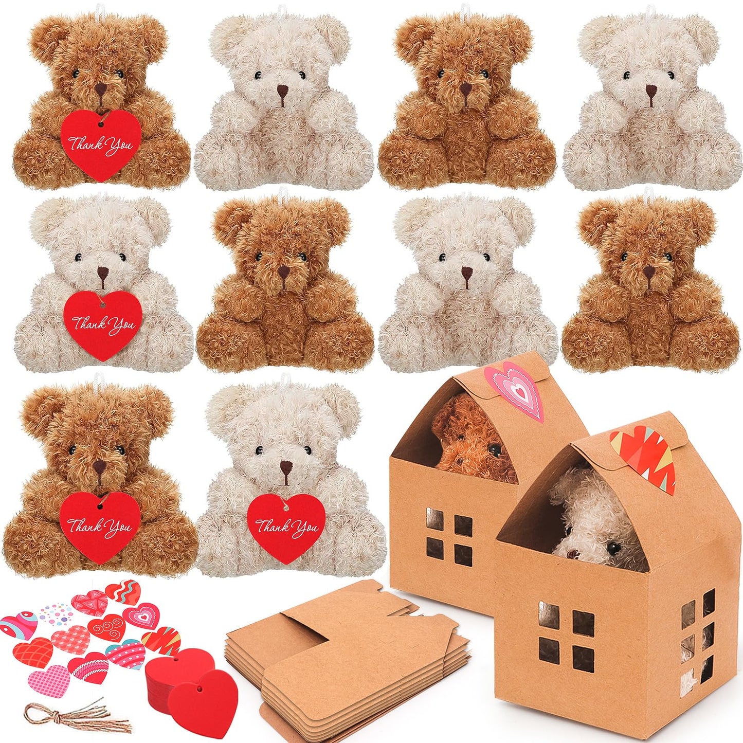 HAPGFS 10 Pcs Mini Bears Plush — Soft Brown & Apricot Curly Teddy Bears with Paper Houses | Party Favors & Gift Toys