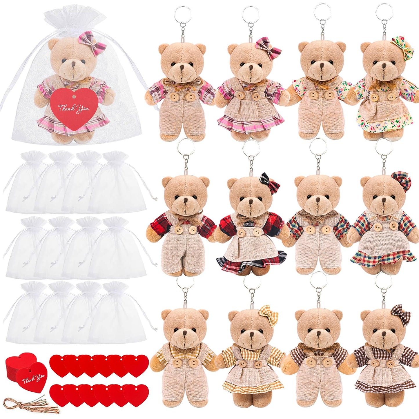 HAPGFS Mini Teddy Bears Bulk — 12Pcs Six Couple Pocket Bears with Clothes, Gift Bags & Cards