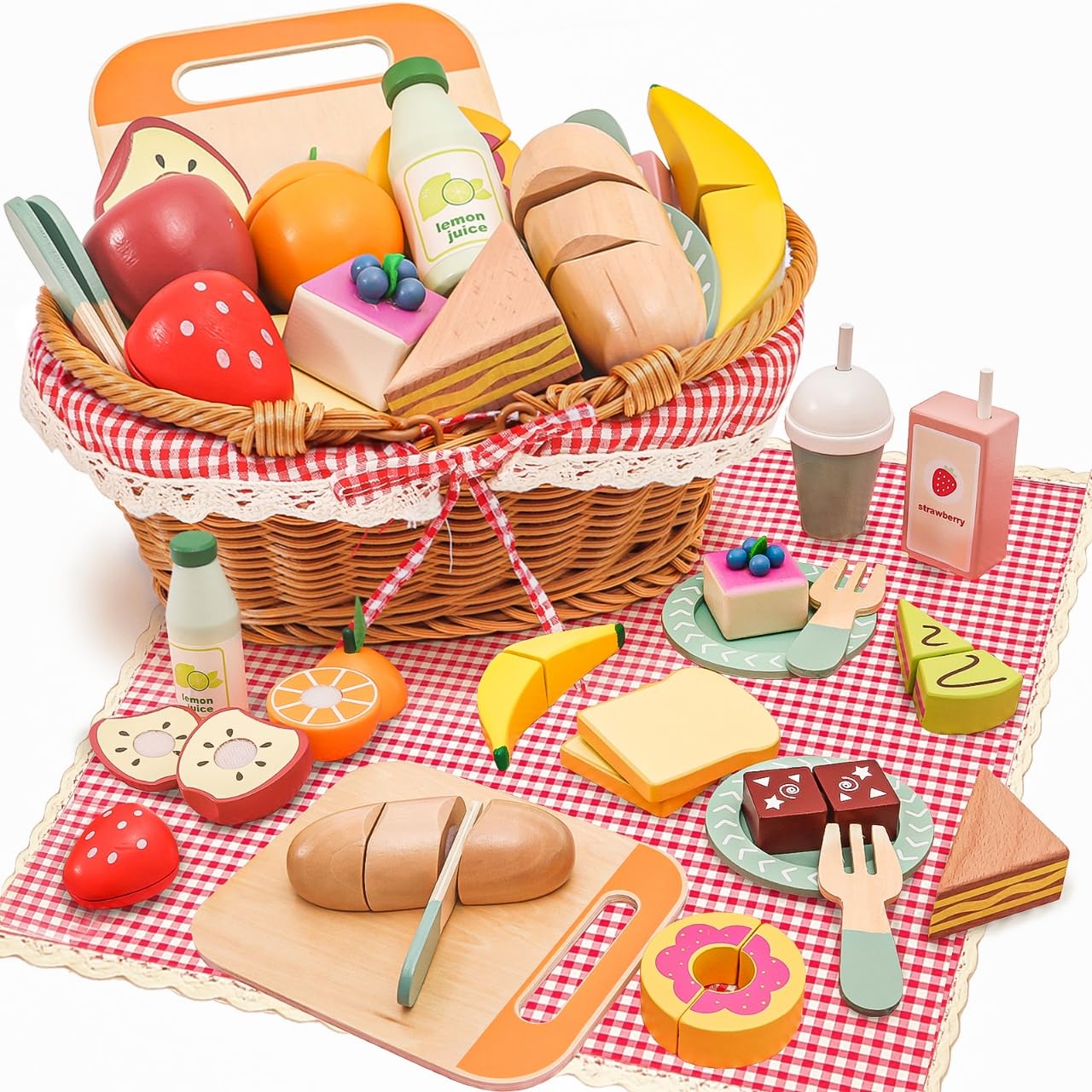 HAPGFS Wooden Picnic Basket Toy Set – Realistic Play Food for Kids 3-8
