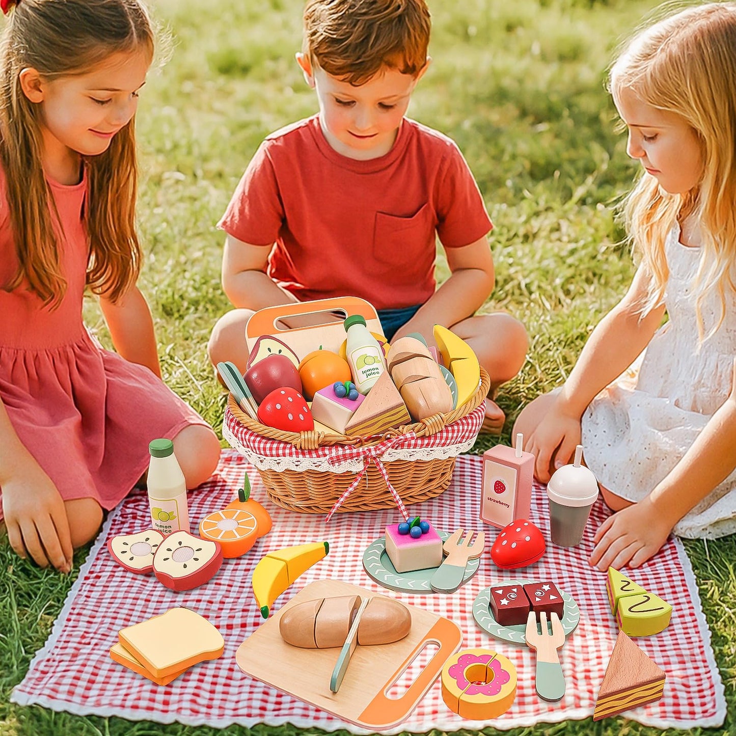 HAPGFS Wooden Picnic Basket Toy Set – Realistic Play Food for Kids 3-8