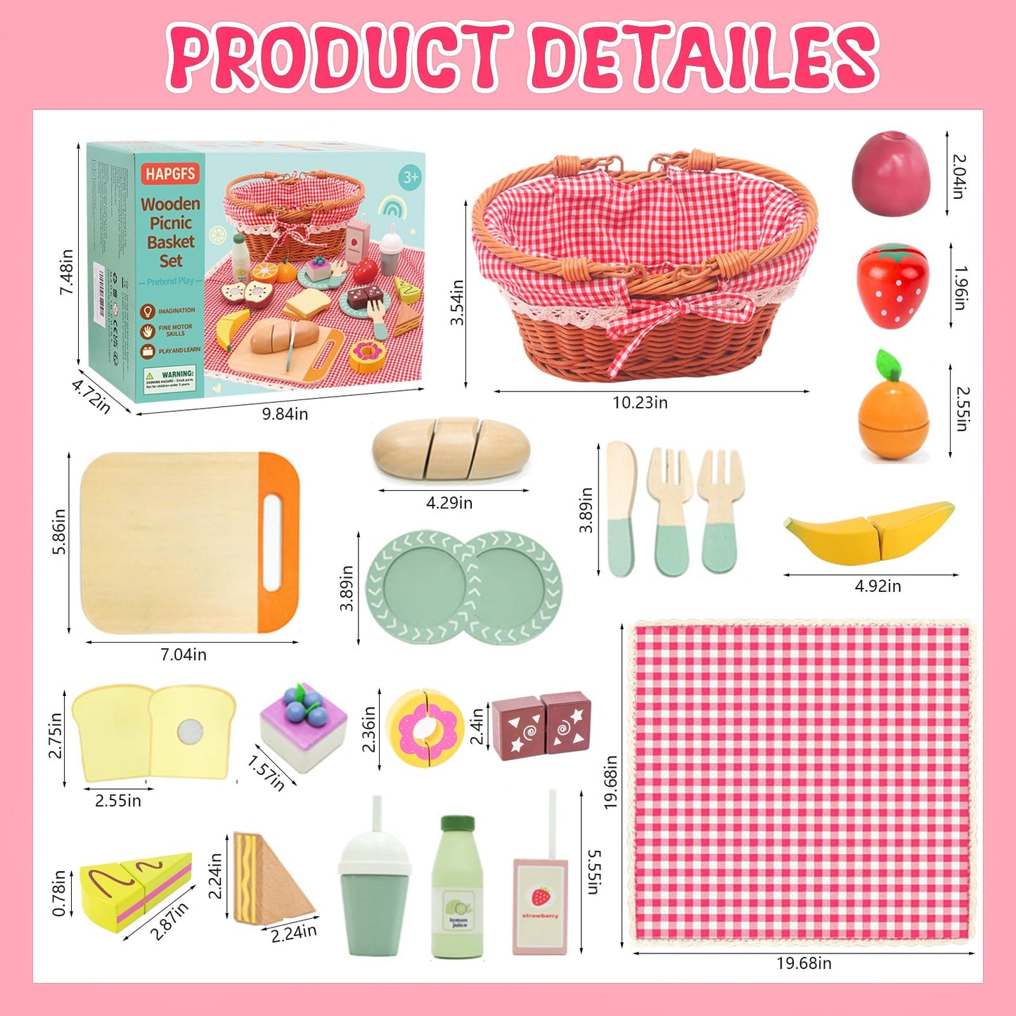 HAPGFS Wooden Picnic Basket Toy Set – Realistic Play Food for Kids 3-8