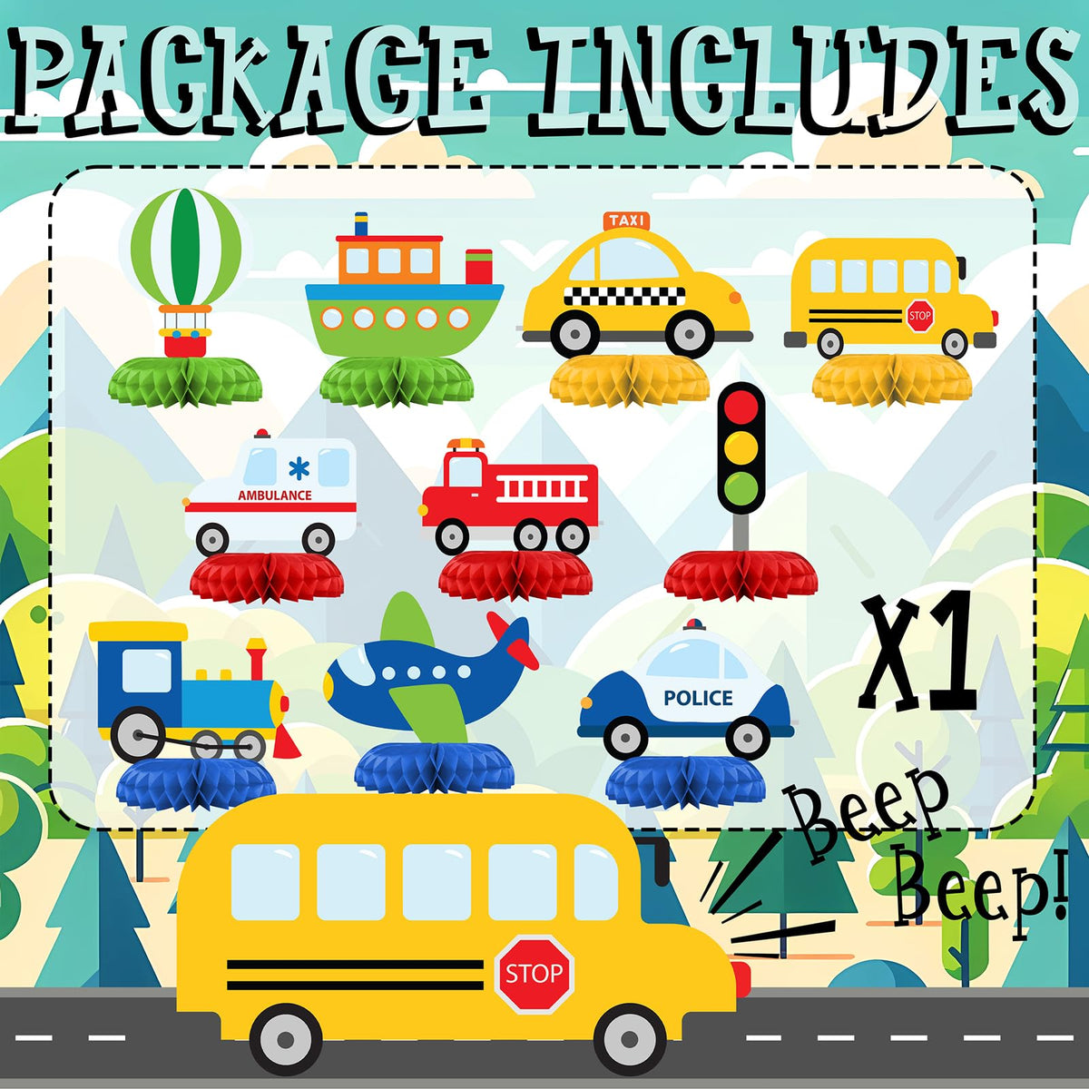 HaPiBiDesign Transportation Party Decorations – Honeycomb Centerpieces for Transportation Birthday Decor