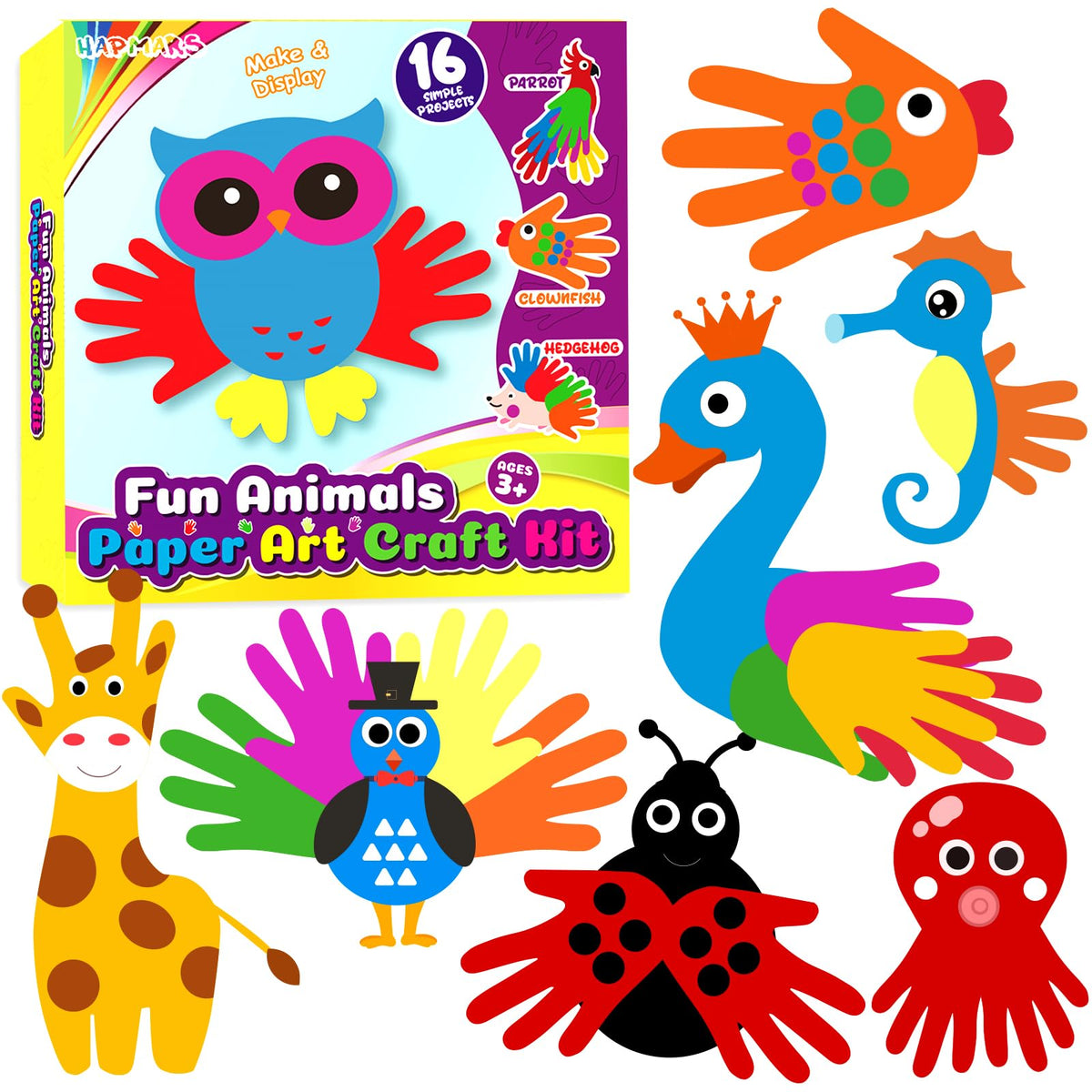 HAPMARS Animals Handprint Art Craft Kits – 16 Pack for Kids 3+