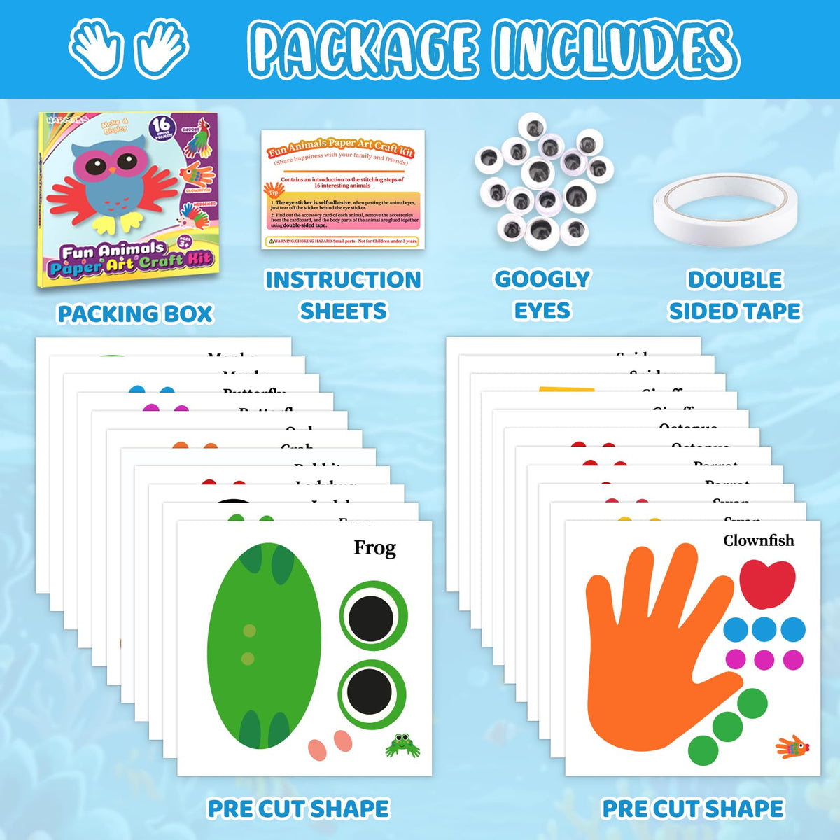 HAPMARS Animals Handprint Art Craft Kits – 16 Pack for Kids 3+