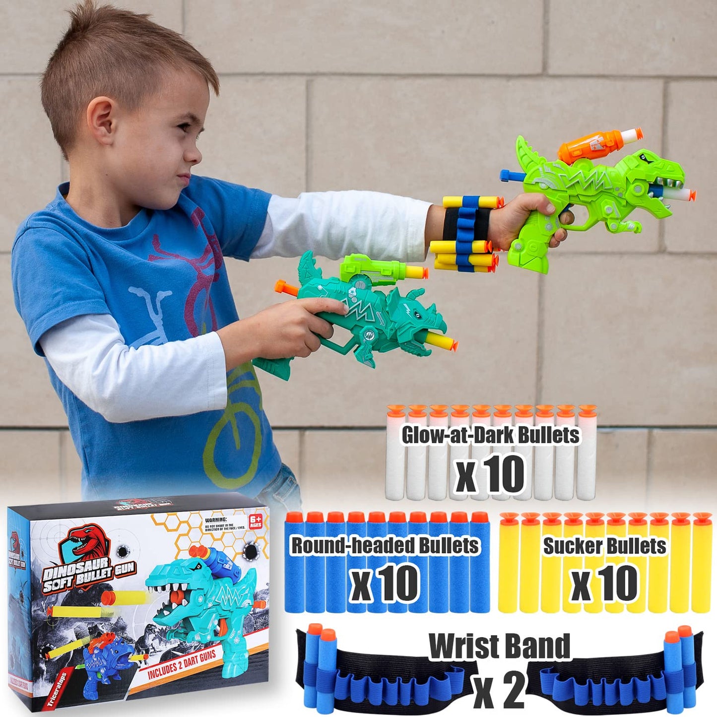 Happitry Dinosaur Blaster Toys – 2 Pack Foam Dino Guns with 30 Darts (Nerf Compatible)