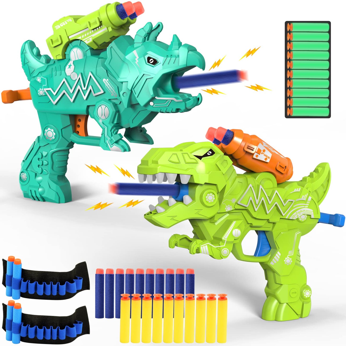 Happitry Dinosaur Blaster Toys – 2 Pack Foam Dino Guns with 30 Darts (Nerf Compatible)