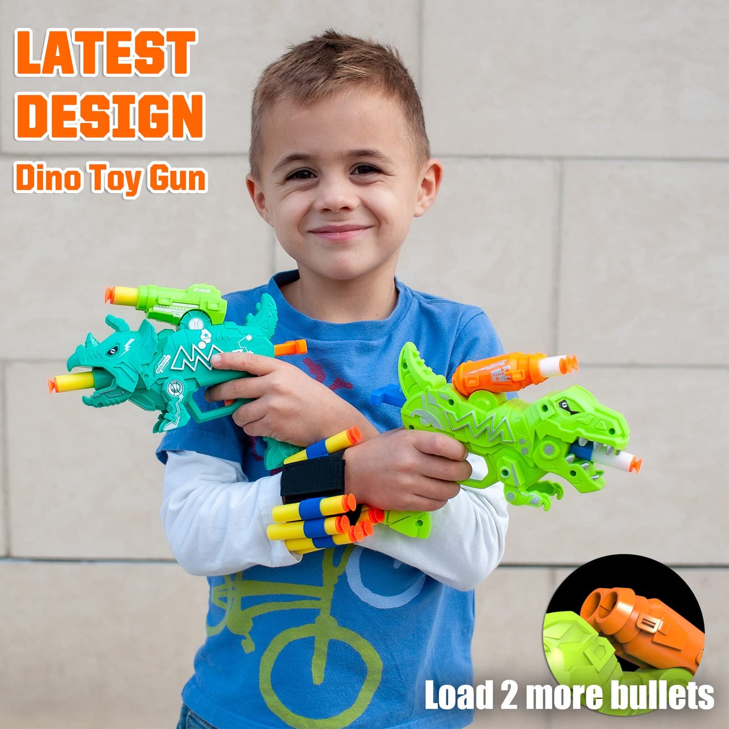 Happitry Dinosaur Blaster Toys – 2 Pack Foam Dino Guns with 30 Darts (Nerf Compatible)