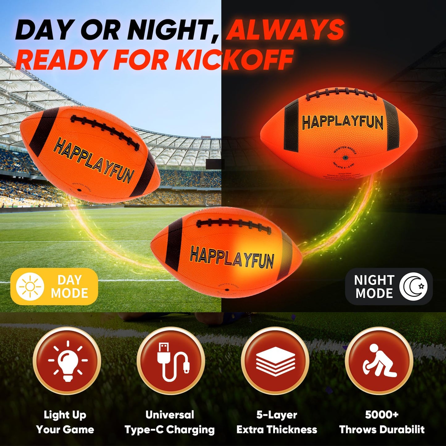 Happlayfun Light Up Football – LED Glow in the Dark, Size 6 for Kids 6-14