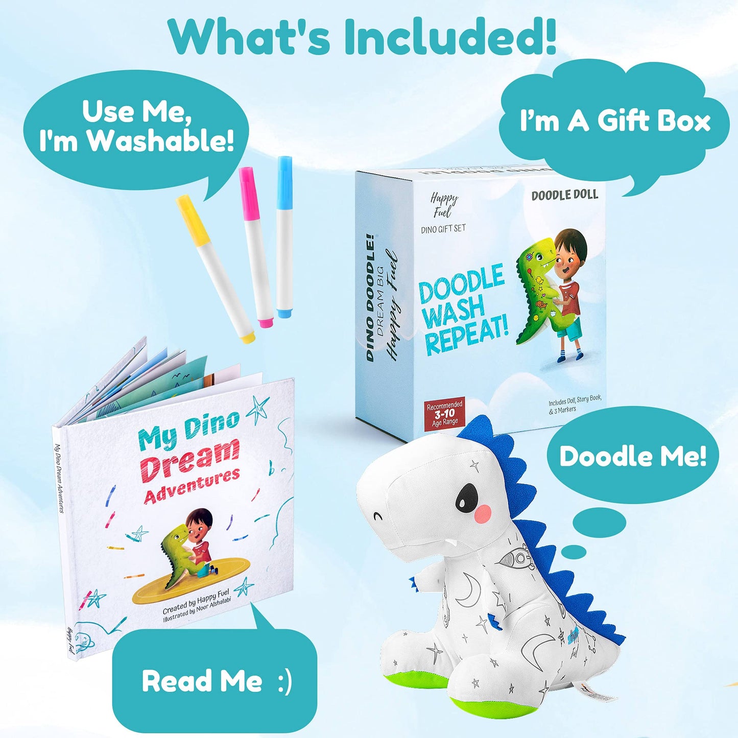 Happy Fuel T-Rex Plush Coloring Gift Set – Washable Dino Doll, Coloring Kit & Storybook