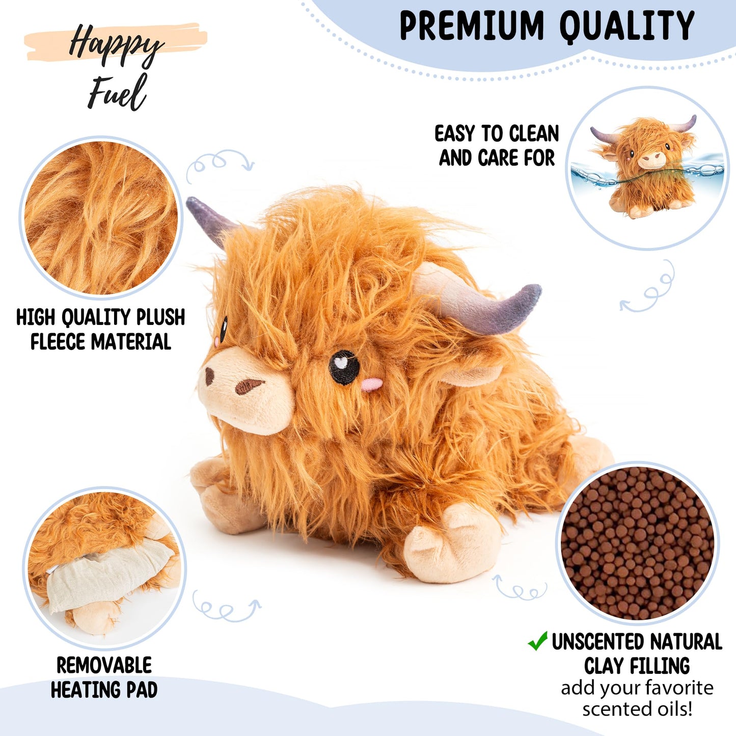 Happy Fuel Highland Cow Microwavable Heating Pad – Unscented 1.5lb Plush Cozy Pillow for Women & Kids