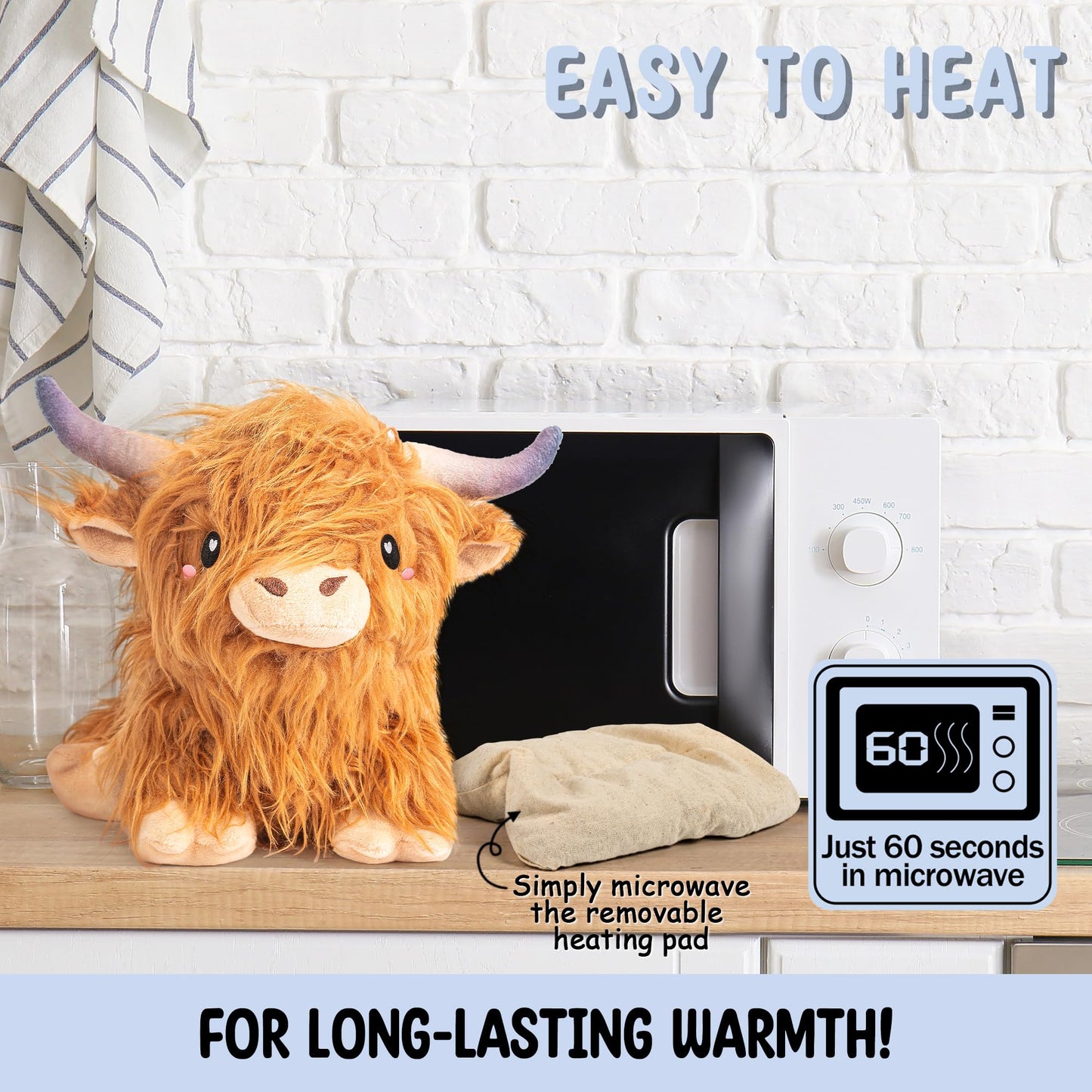 Happy Fuel Highland Cow Microwavable Heating Pad – Unscented 1.5lb Plush Cozy Pillow for Women & Kids
