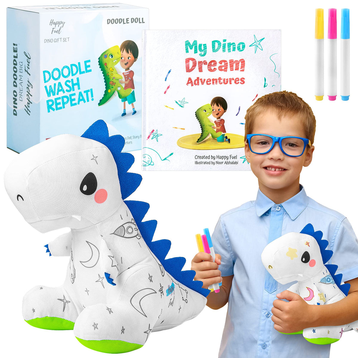 Happy Fuel T-Rex Plush Coloring Gift Set – Washable Dino Doll, Coloring Kit & Storybook