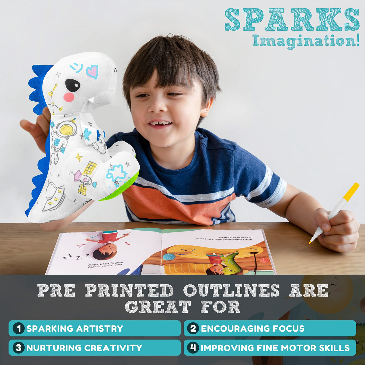 Happy Fuel T-Rex Plush Coloring Gift Set – Washable Dino Doll, Coloring Kit & Storybook