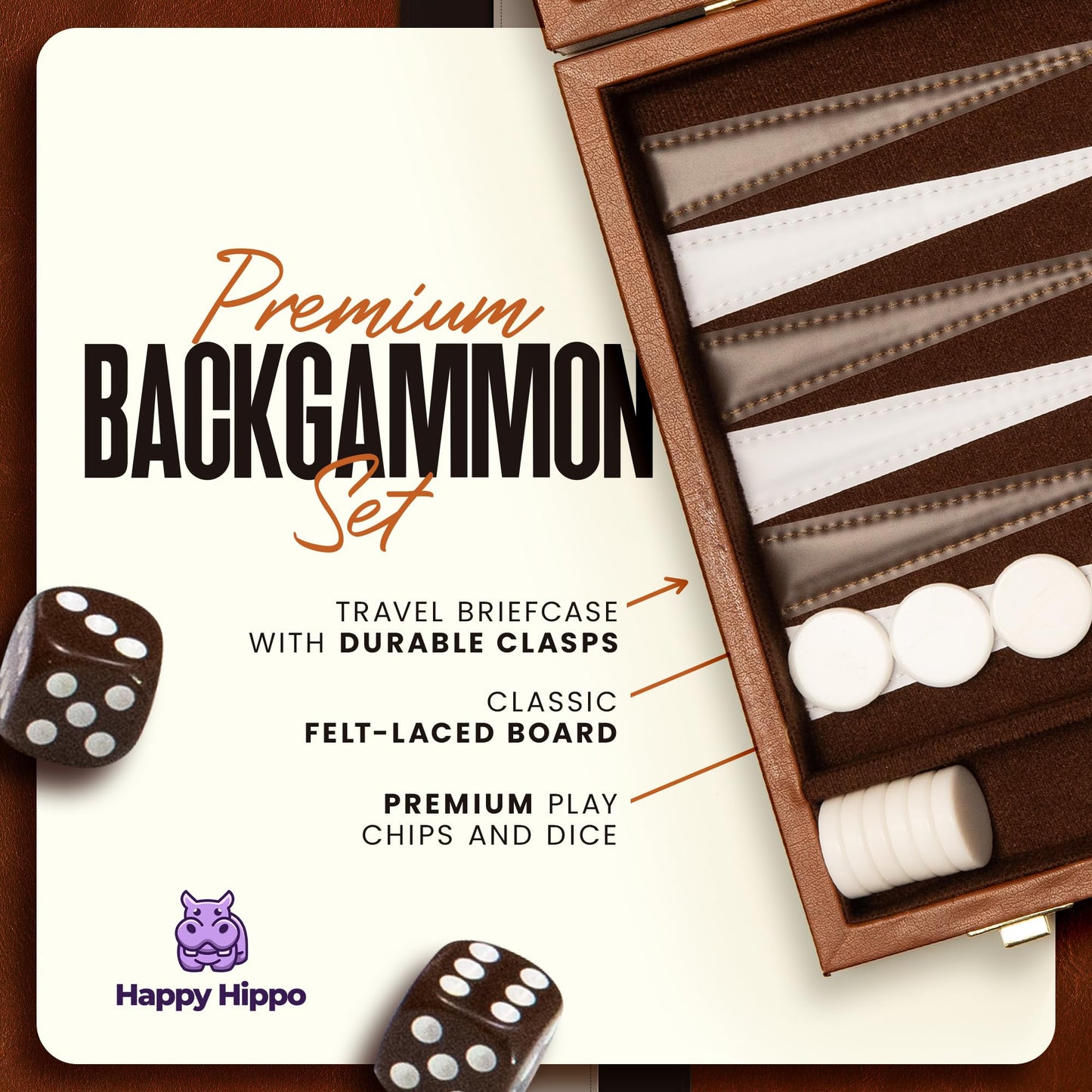 Happy Hippo Deluxe Backgammon Set – Leather-Like Case, Felt Interior, 18-Inch Board