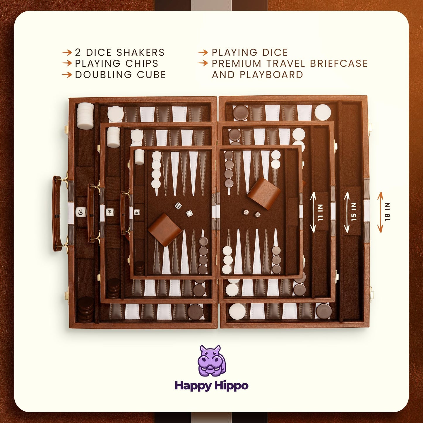Happy Hippo Deluxe Backgammon Set – Leather-Like Case, Felt Interior, 18-Inch Board