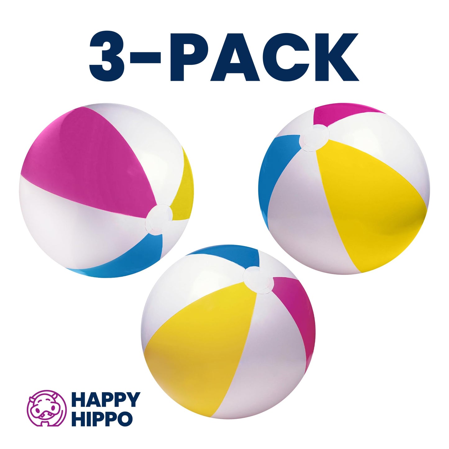 Happy Hippo 22-Inch Beach Ball Pack of 3 - Pastel Rainbow Inflatable Pool Toys