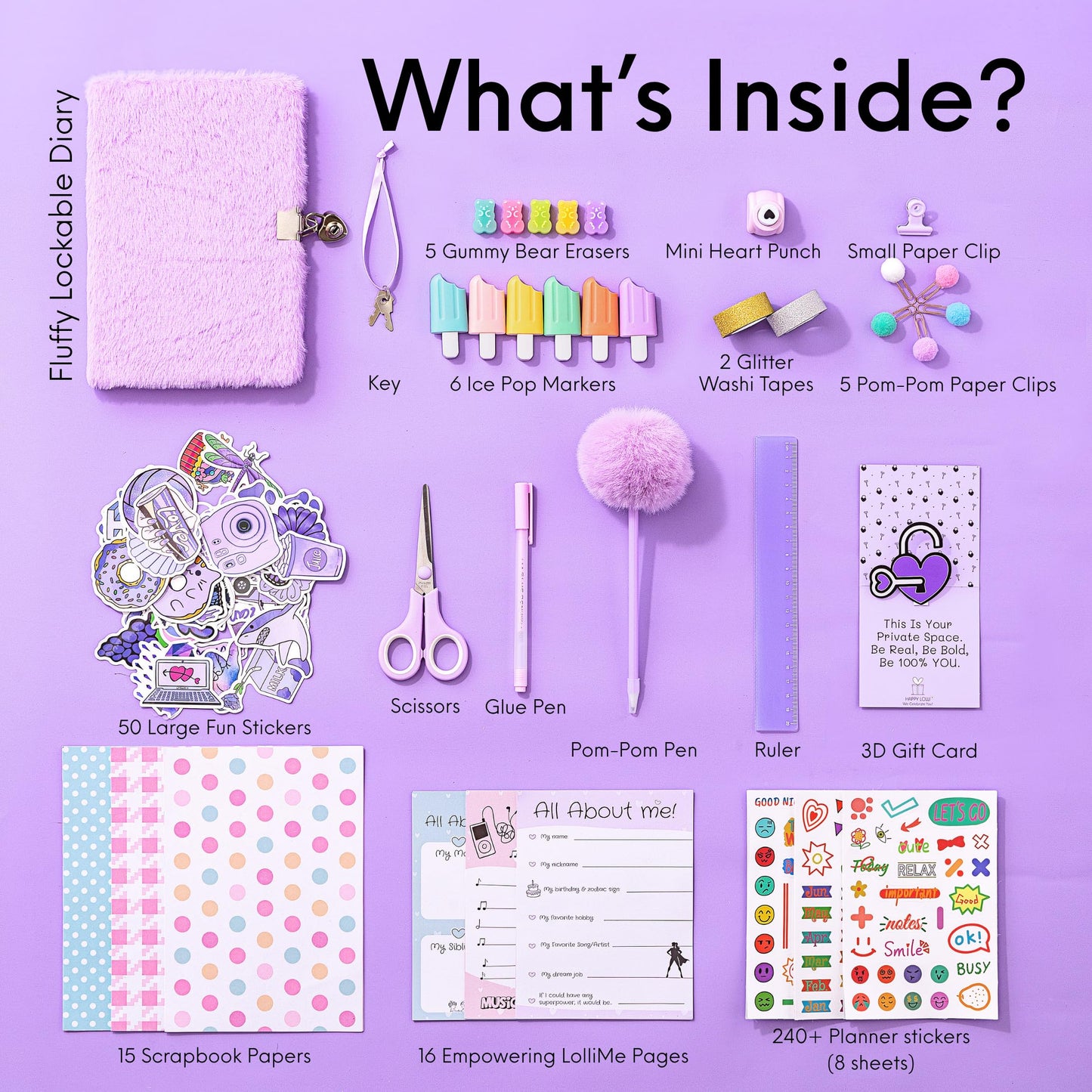 HAPPY LOLLI Purple LolliME DIY Journal Kit – 300+ Pieces, Lockable Diary, Gift Box