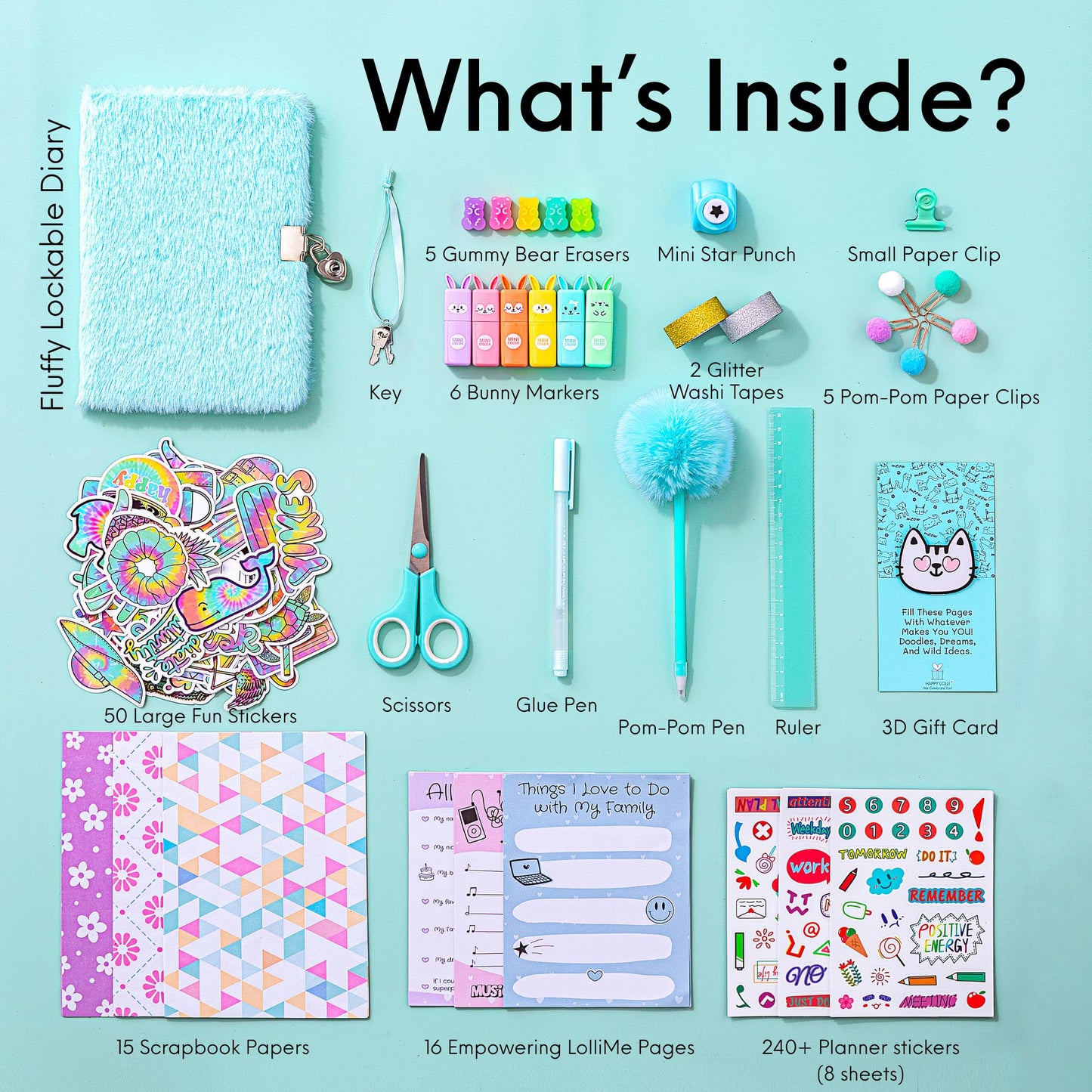HAPPY LOLLI Mint LolliME DIY Journal Kit for Girls – 300+ Pieces, Lockable Diary, Markers & Stickers