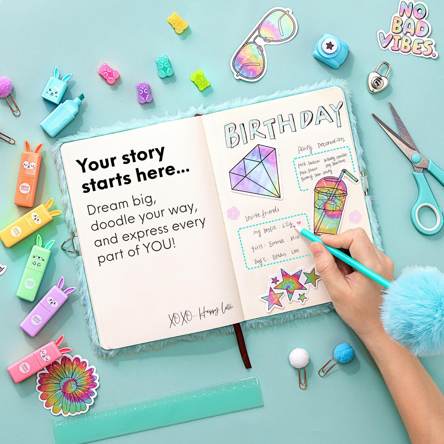 HAPPY LOLLI Mint LolliME DIY Journal Kit for Girls – 300+ Pieces, Lockable Diary, Markers & Stickers