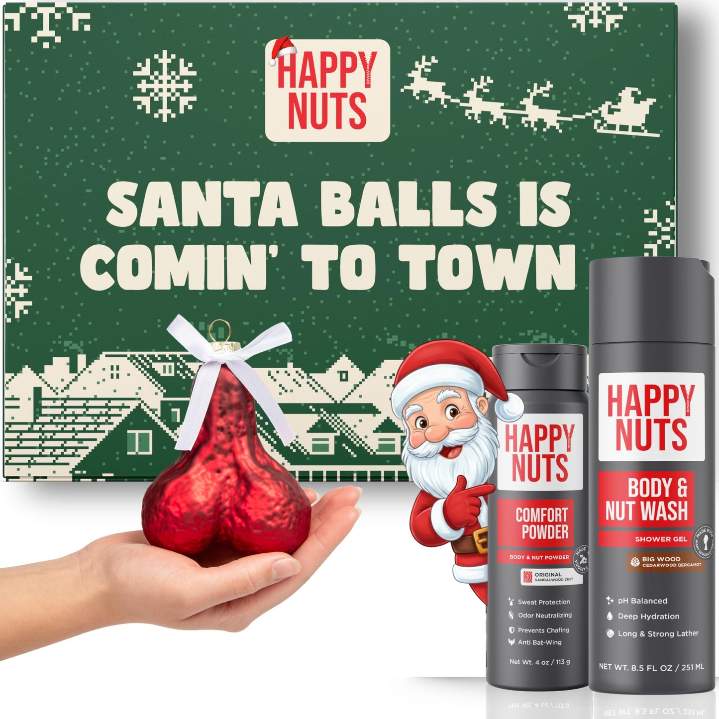 Happy Nuts Holiday Gift Bundle Kit for Men - Comfort Powder, Body Wash & Ornament