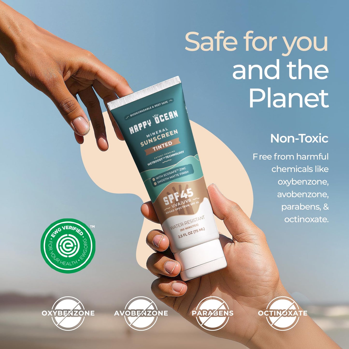 Happy Ocean SPF 45 Tinted Mineral Sunscreen – Fragrance-Free, Reef Safe, Non-Nano Zinc Oxide, Face & Body, 2.5 fl oz