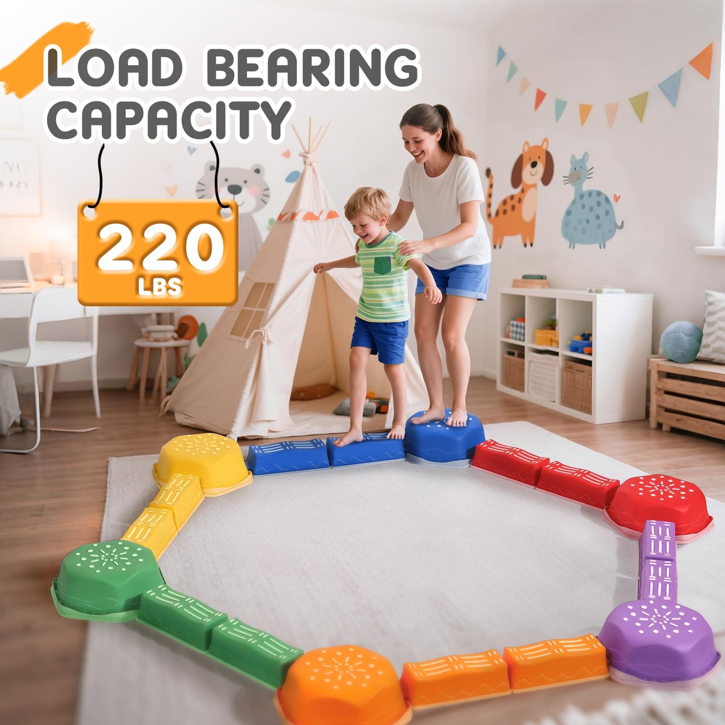 HappyField Balance Beam for Kids – 18-Piece Non-Slip Stepping Stones Obstacle Course (Green)