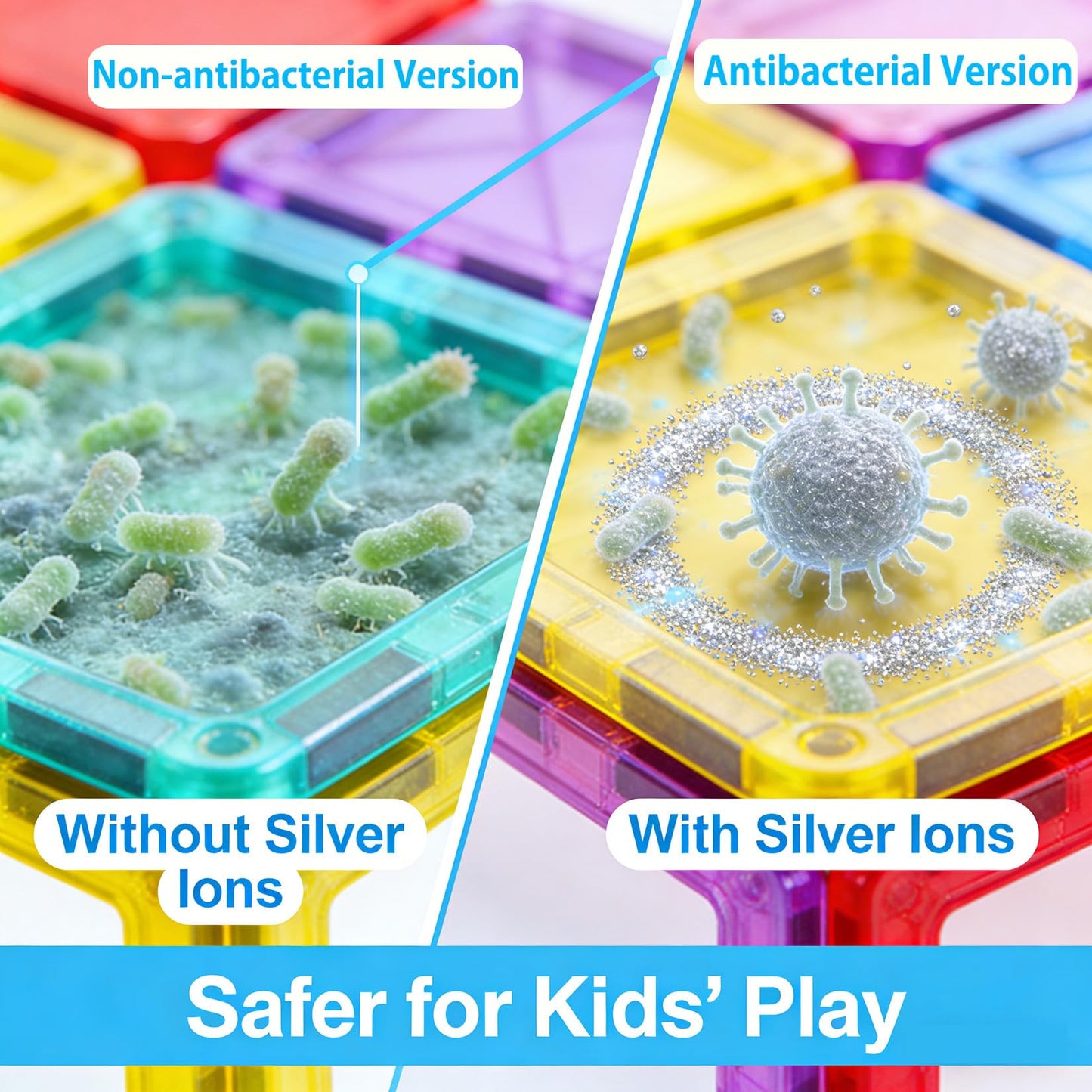 HAPPYMATY Upgraded Antibacterial Magnetic Tiles – 106 PCS with 2 Cars, Safe STEM Play