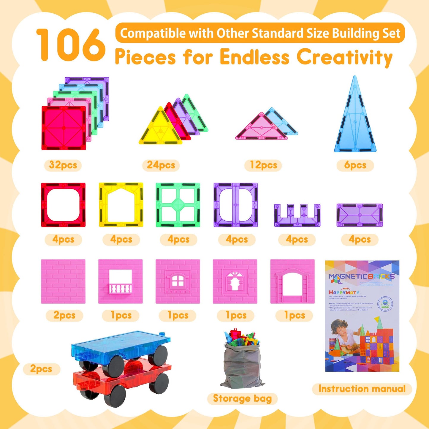 HAPPYMATY Upgraded Antibacterial Magnetic Tiles – 106 PCS with 2 Cars, Safe STEM Play