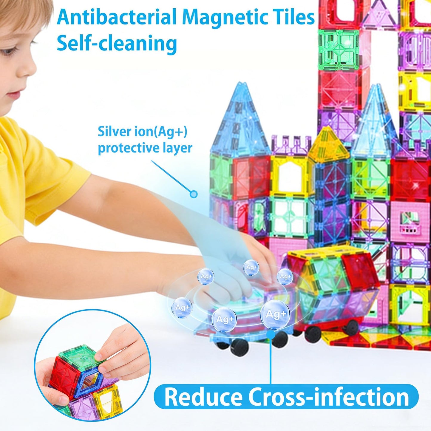 HAPPYMATY Upgraded Antibacterial Magnetic Tiles – 106 PCS with 2 Cars, Safe STEM Play