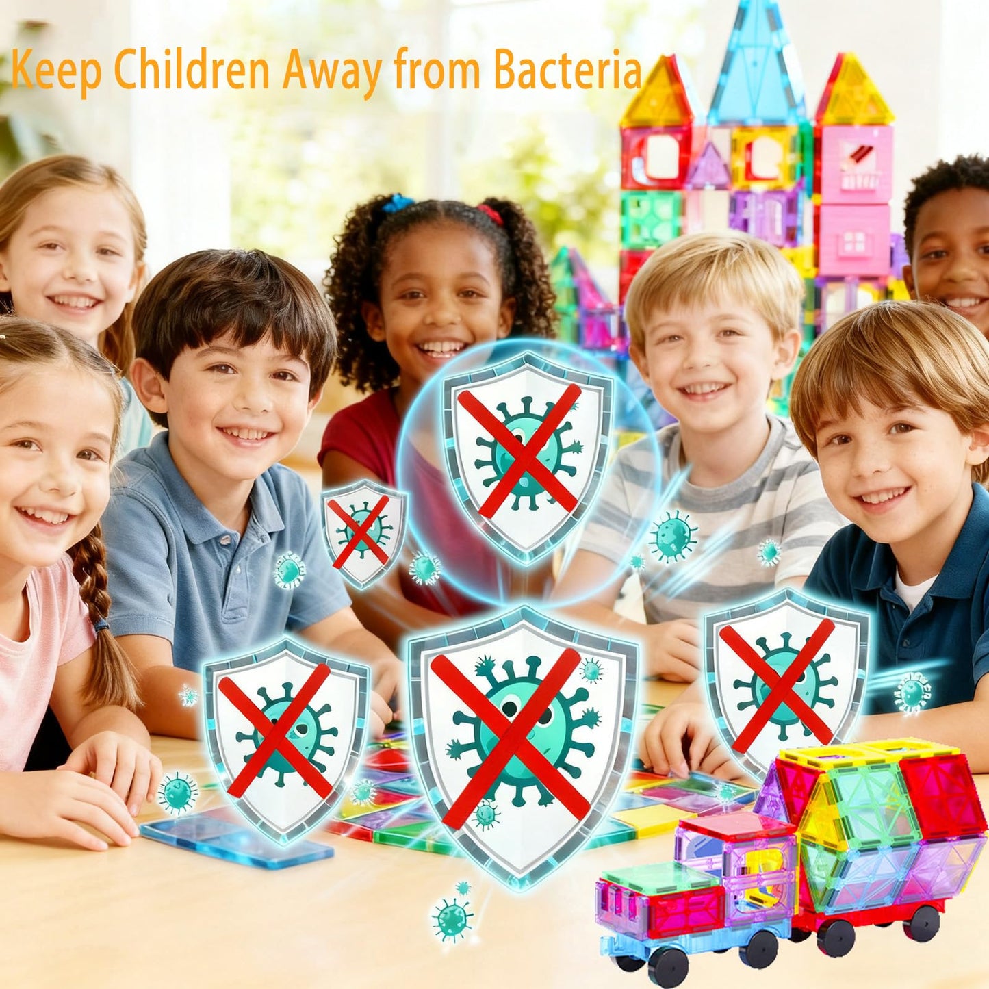 HAPPYMATY Upgraded Antibacterial Magnetic Tiles – 106 PCS with 2 Cars, Safe STEM Play