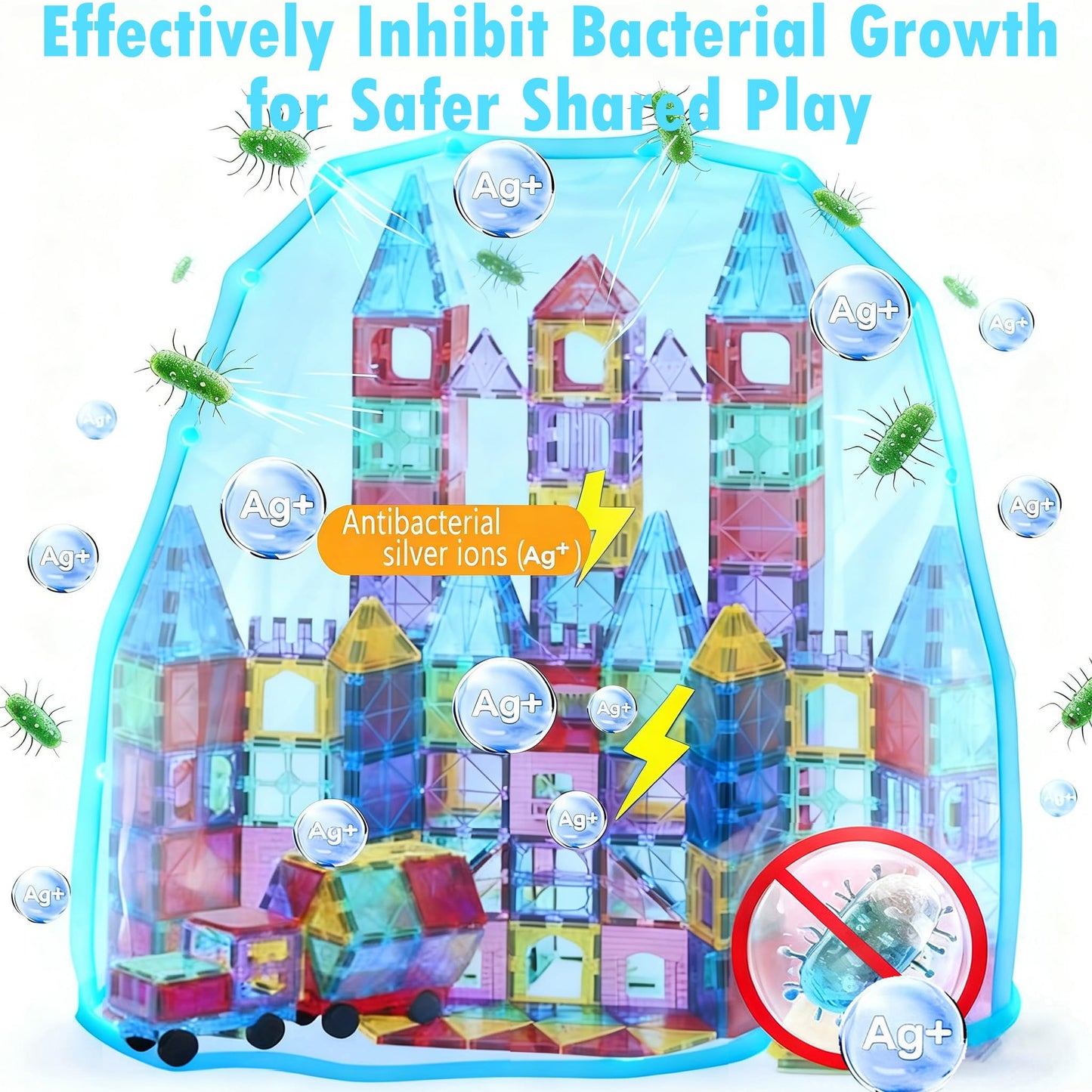 HAPPYMATY Upgraded Antibacterial Magnetic Tiles – 106 PCS with 2 Cars, Safe STEM Play
