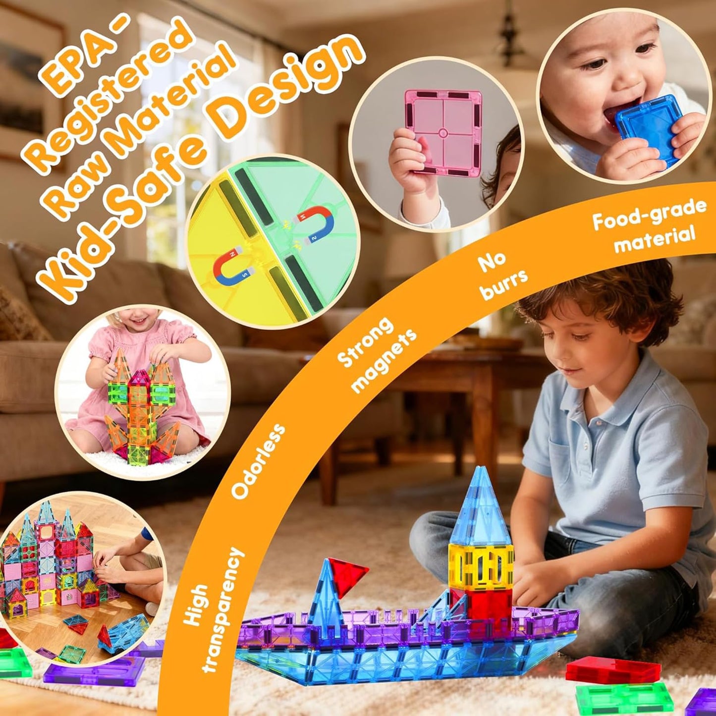 HAPPYMATY Upgraded Antibacterial Magnetic Tiles – 106 PCS with 2 Cars, Safe STEM Play