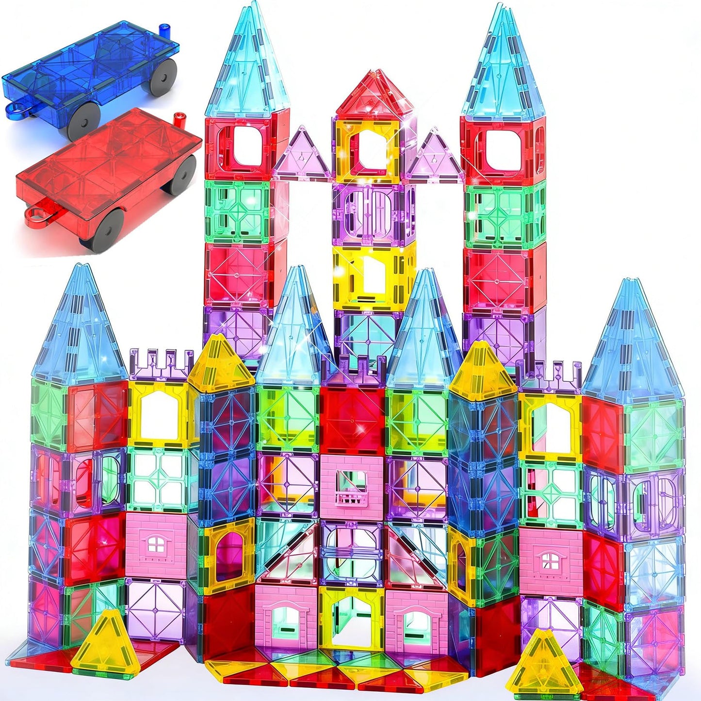 HAPPYMATY Upgraded Antibacterial Magnetic Tiles – 106 PCS with 2 Cars, Safe STEM Play