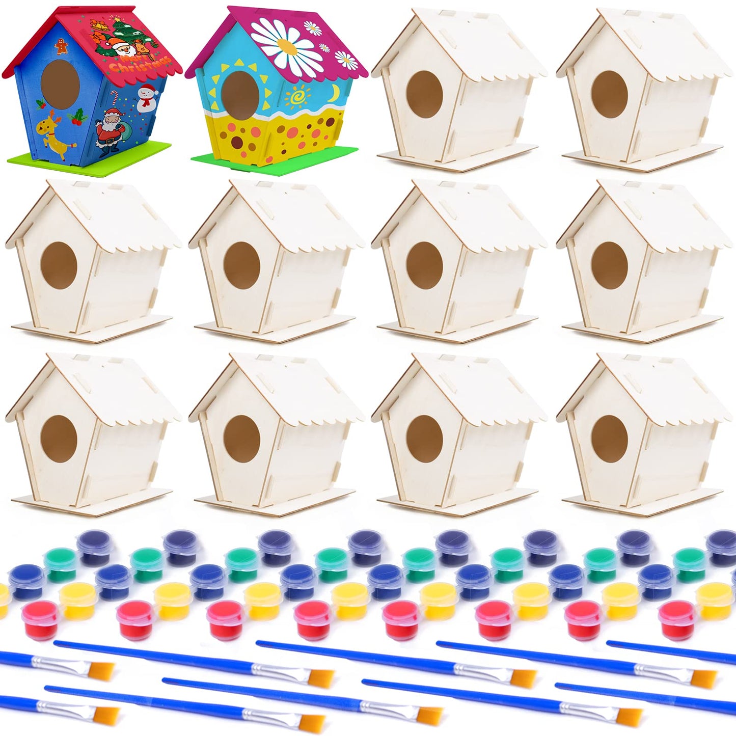 hapray 12 Pack Bird House Kit — DIY Wooden Crafts for Kids (Paints & Brushes Included)