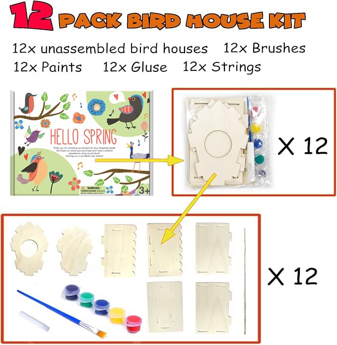 hapray 12 Pack Bird House Kit — DIY Wooden Crafts for Kids (Paints & Brushes Included)