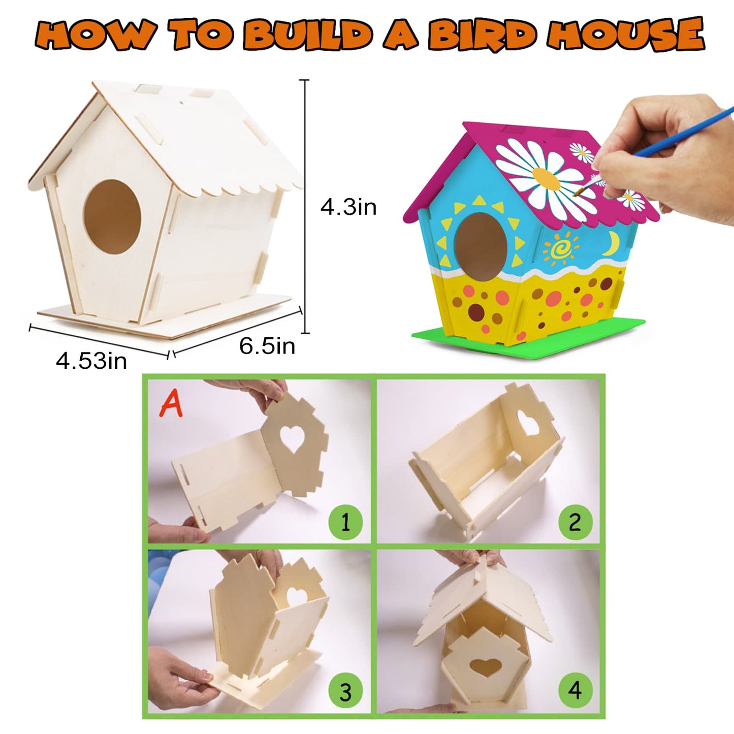 hapray 12 Pack Bird House Kit — DIY Wooden Crafts for Kids (Paints & Brushes Included)