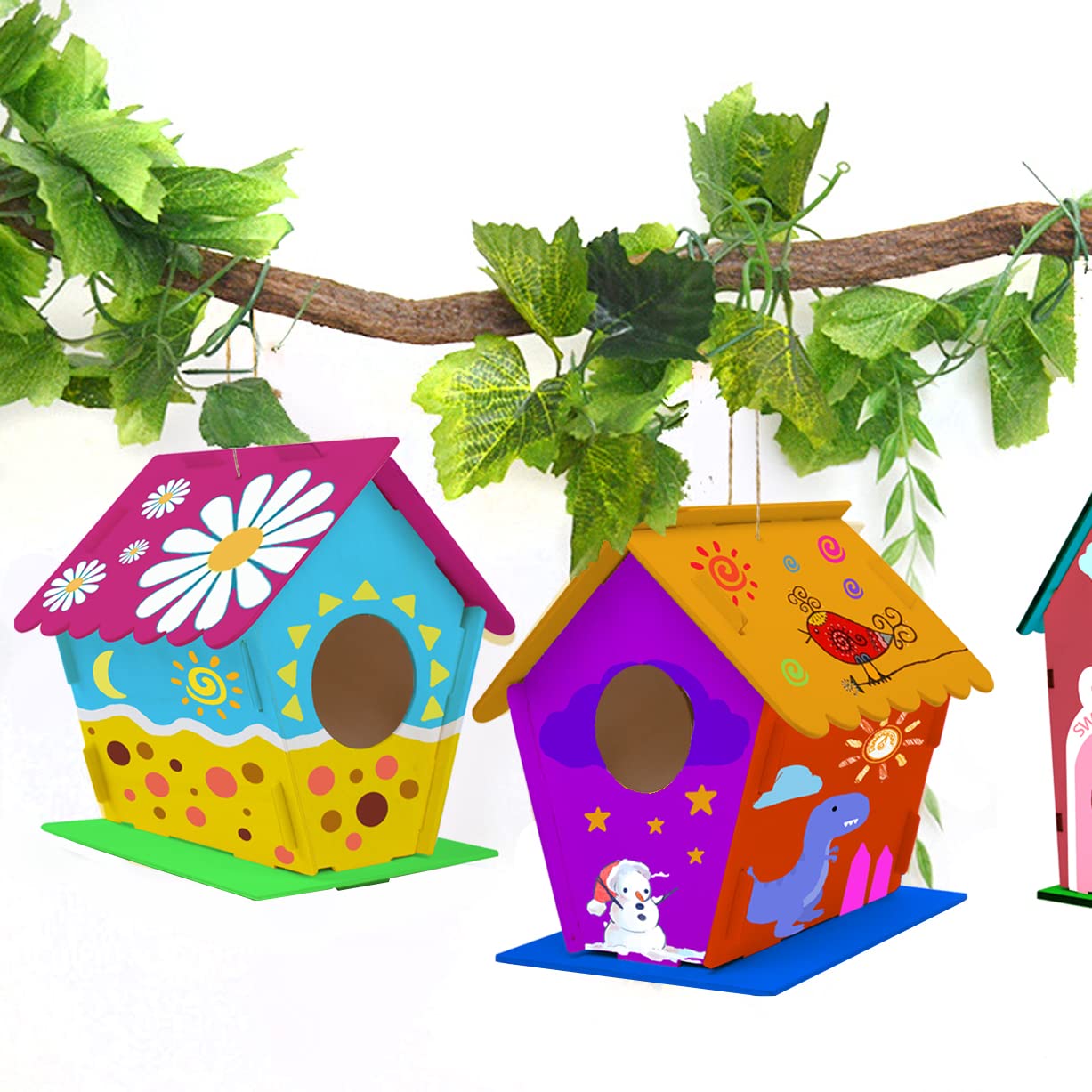hapray 12 Pack Bird House Kit — DIY Wooden Crafts for Kids (Paints & Brushes Included)