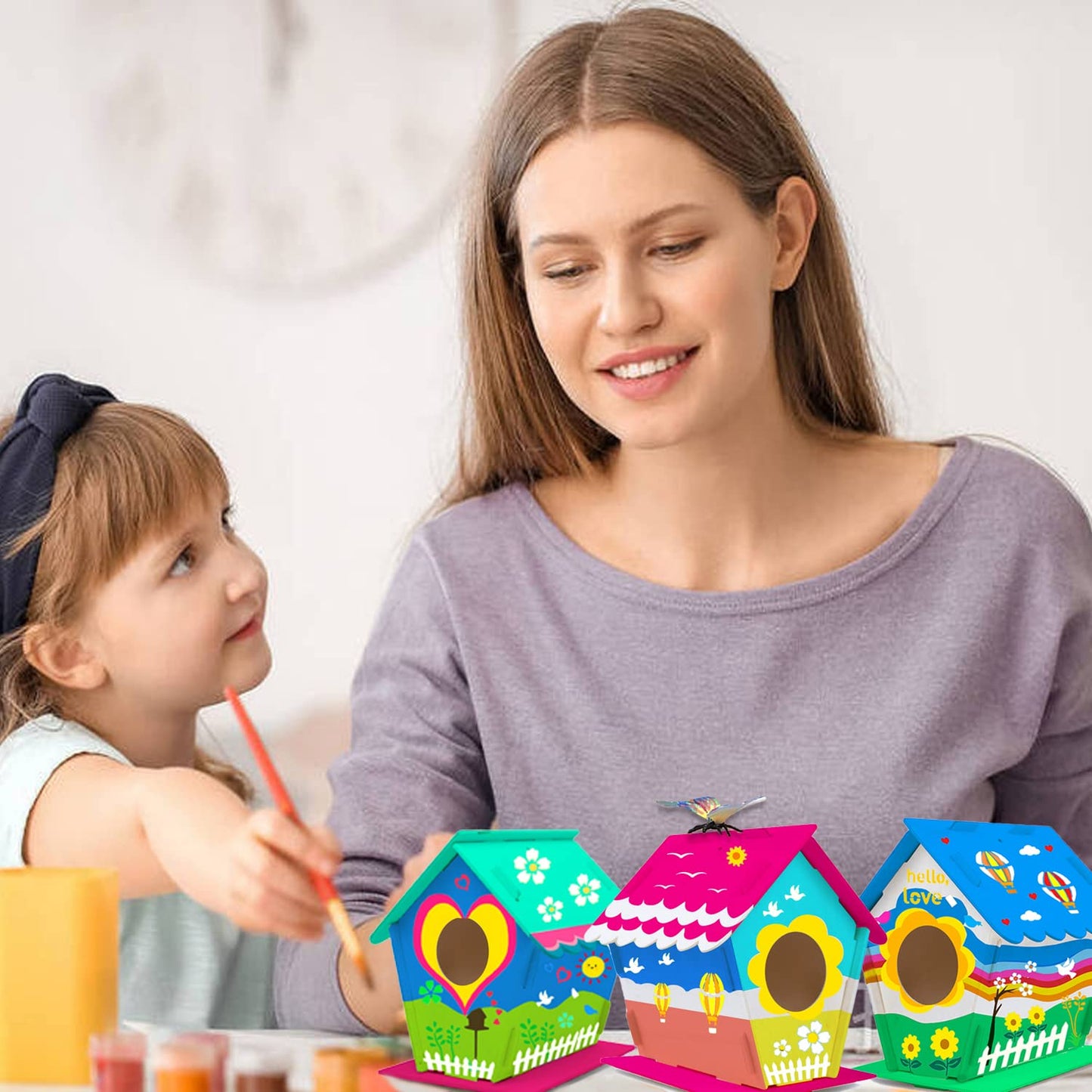 hapray 12 Pack Bird House Kit — DIY Wooden Crafts for Kids (Paints & Brushes Included)