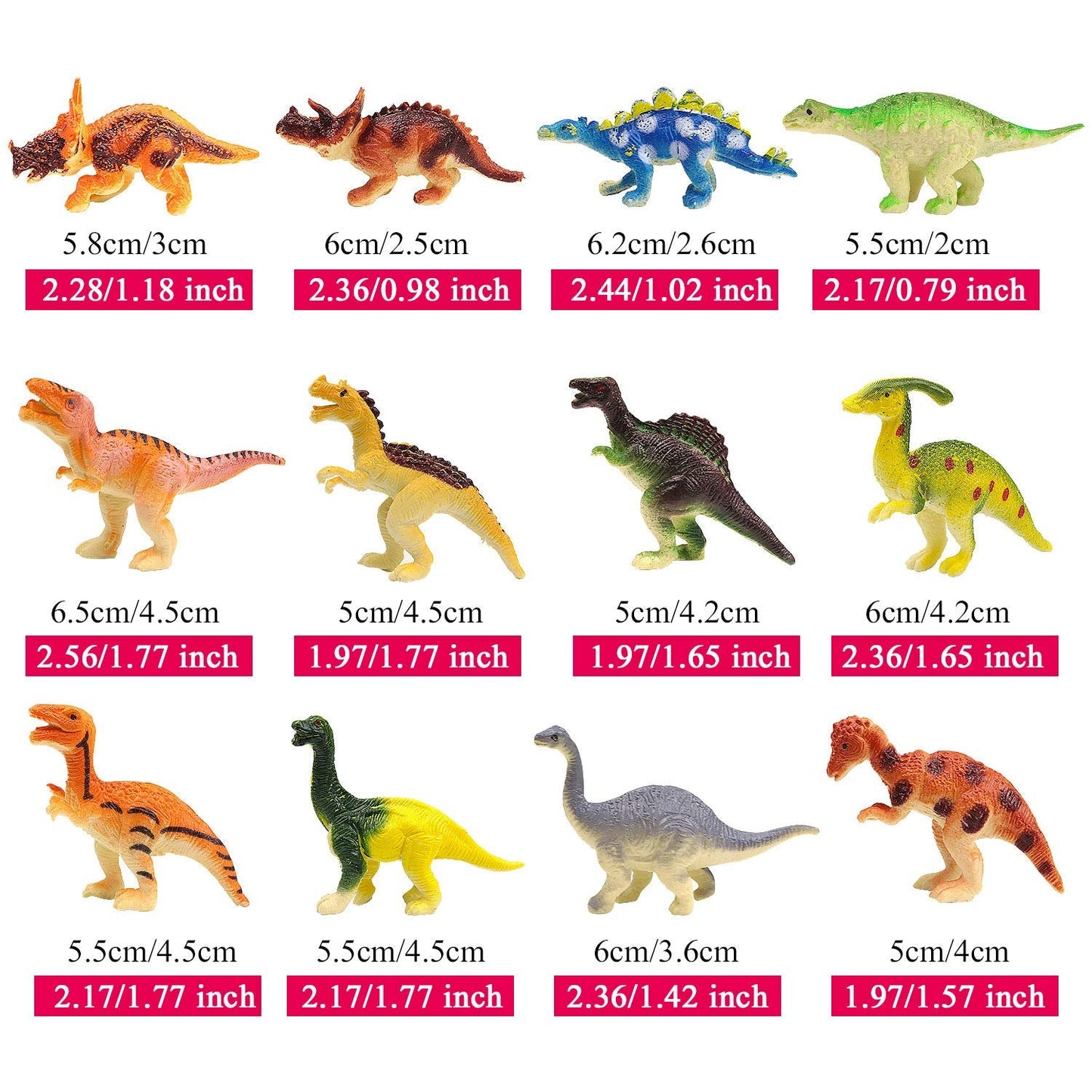HAPTIME Mini Dinosaur Figures - 12 Pack, 1.5–3 Inch Dino Toys, Cake Toppers