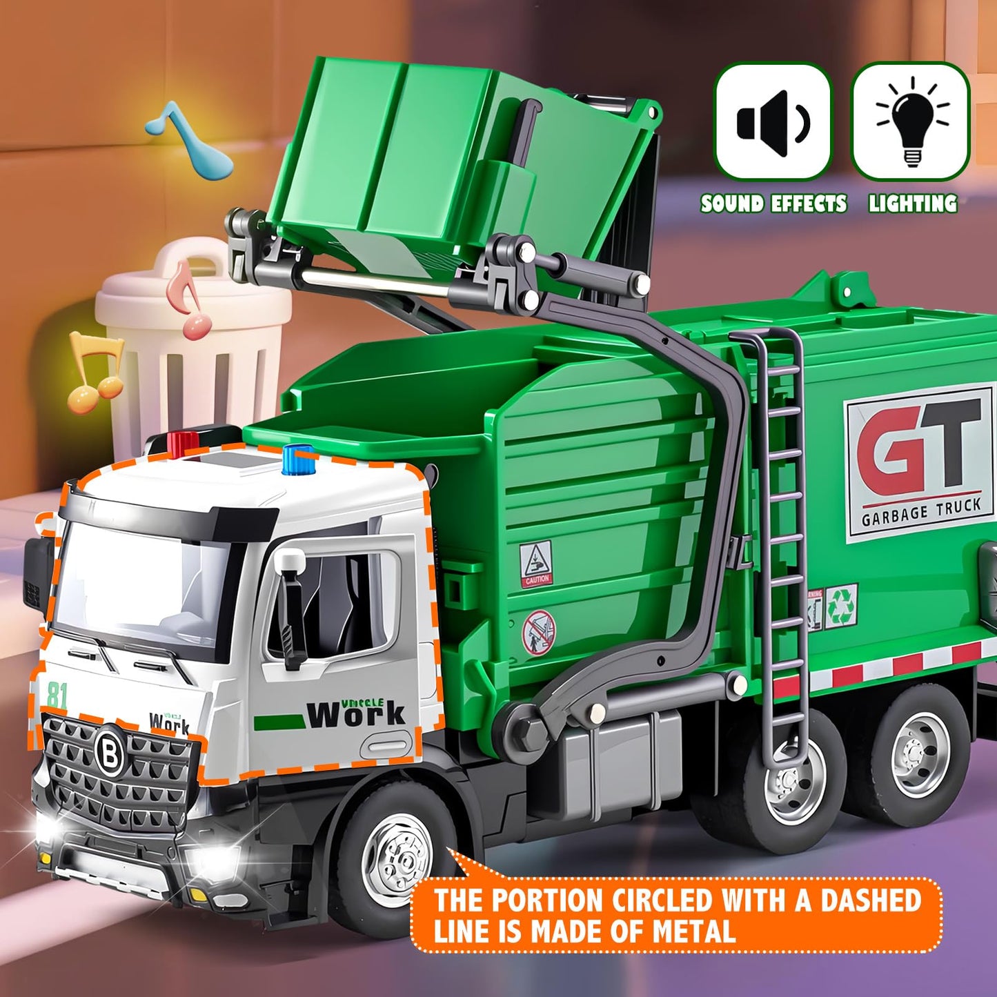 HAPYAD Garbage Truck Toy – Metal Cab, Lights & Sounds, Friction-Powered Front Loader (12 inches)
