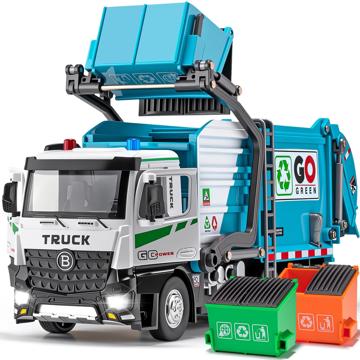 HAPYAD Auto-Lift Garbage Truck Toy – Metal Cab, 3 Dumpsters, Lights & Sounds (Blue)