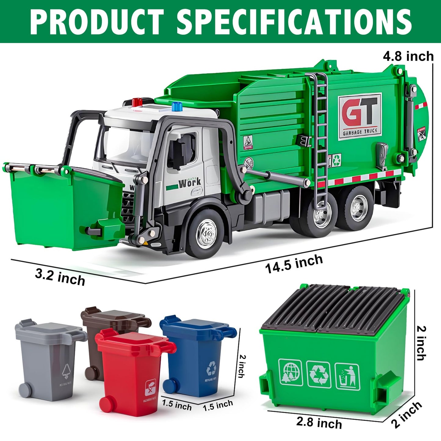 HAPYAD Garbage Truck Toy – Metal Cab, Lights & Sounds, Friction-Powered Front Loader (12 inches)