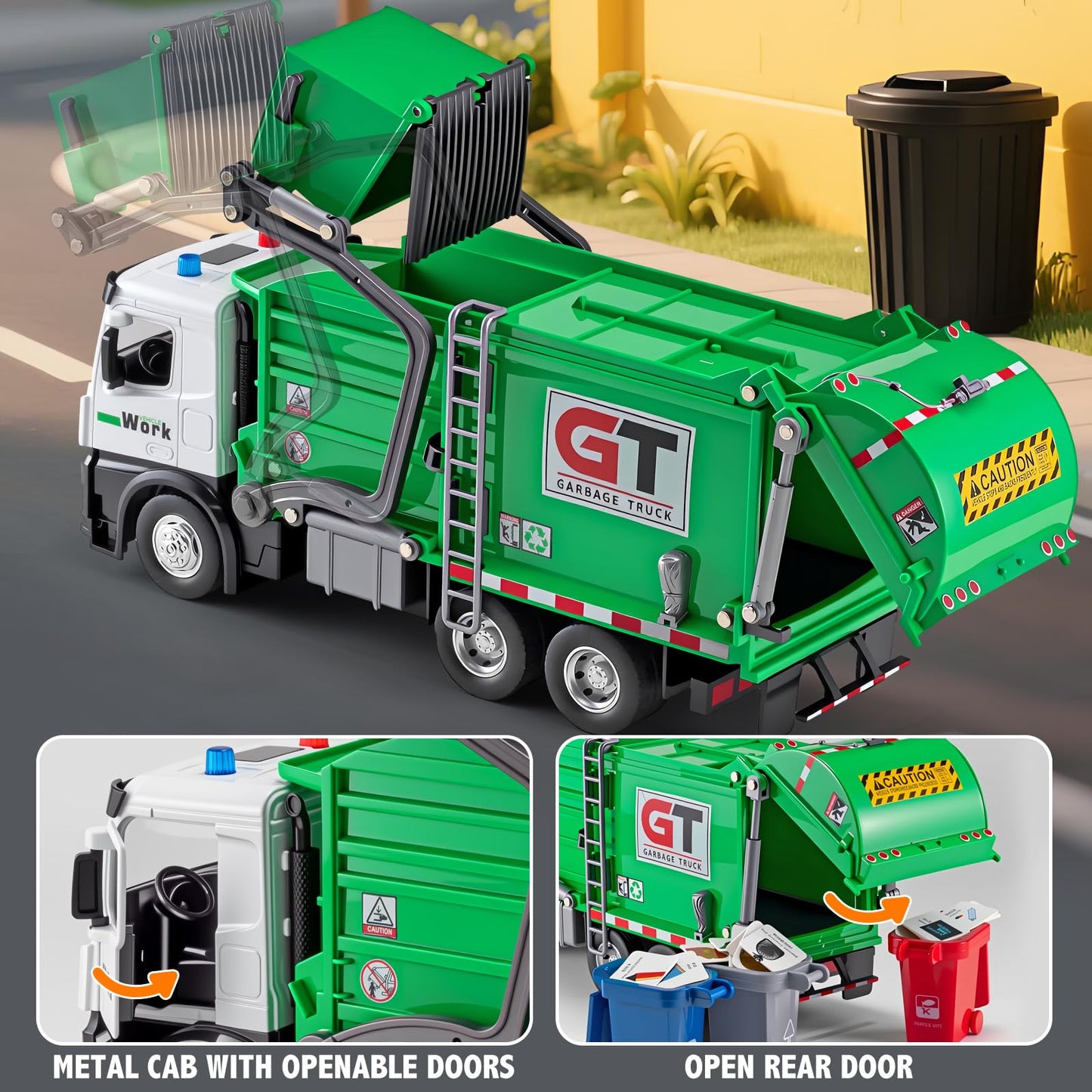 HAPYAD Garbage Truck Toy – Metal Cab, Lights & Sounds, Friction-Powered Front Loader (12 inches)